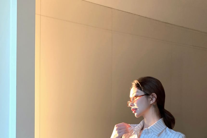 Elbow-Sleeve Striped Button-Up Shirt Numbering