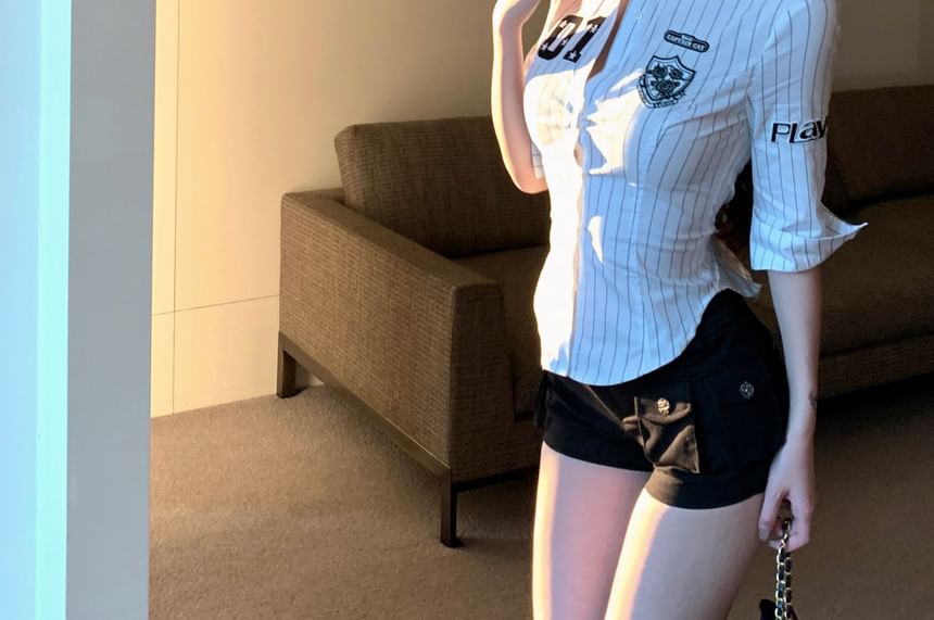 Elbow-Sleeve Striped Button-Up Shirt Numbering