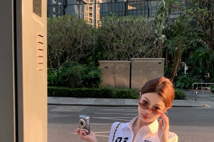 Elbow-Sleeve Striped Button-Up Shirt Numbering