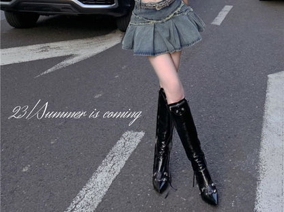 Trim Washed Tassel Skirt Mini Mid Denim A-Line Rise