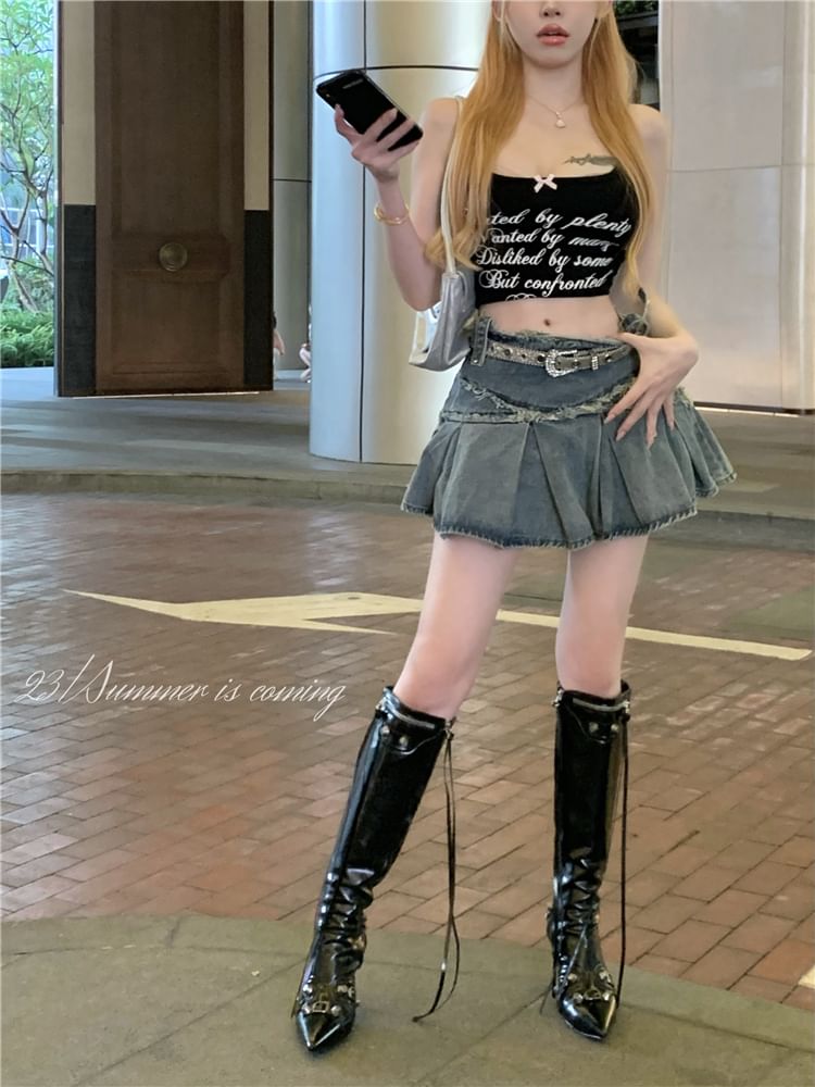 Trim Washed Tassel Skirt Mini Mid Denim A-Line Rise