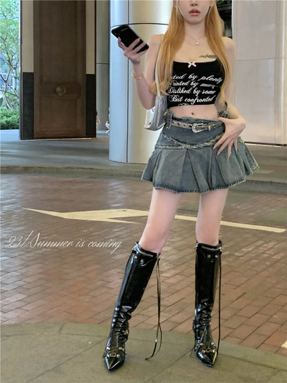 Trim Washed Tassel Skirt Mini Mid Denim A-Line Rise