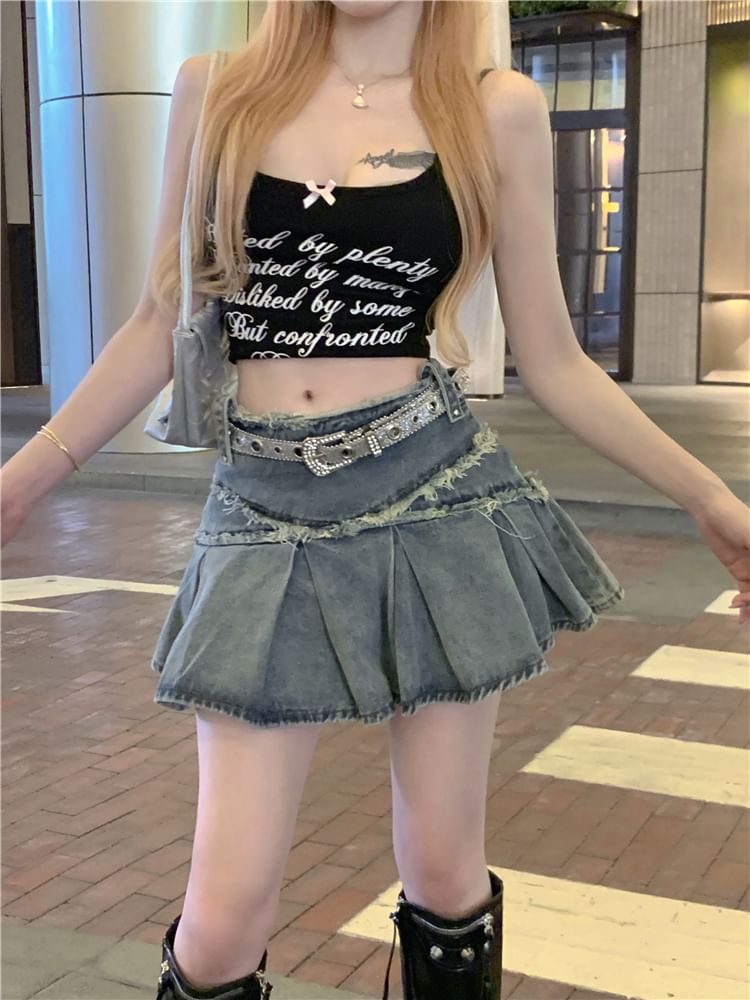 Trim Washed Tassel Skirt Mini Mid Denim A-Line Rise