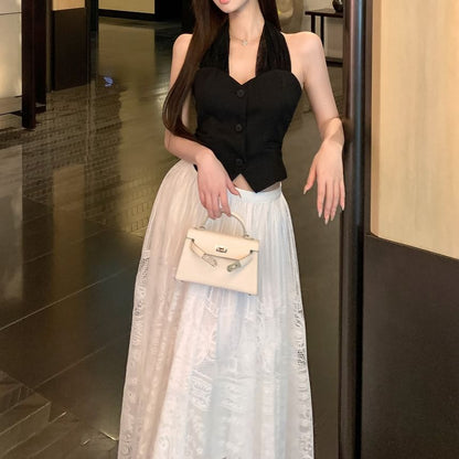 Midi Lace Top / Skirt Plain Crop Halter-Neck Button-Up A-Line Waist Mid