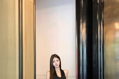 Midi Lace Top / Skirt Plain Crop Halter-Neck Button-Up A-Line Waist Mid