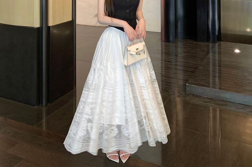 Midi Lace Top / Skirt Plain Crop Halter-Neck Button-Up A-Line Waist Mid