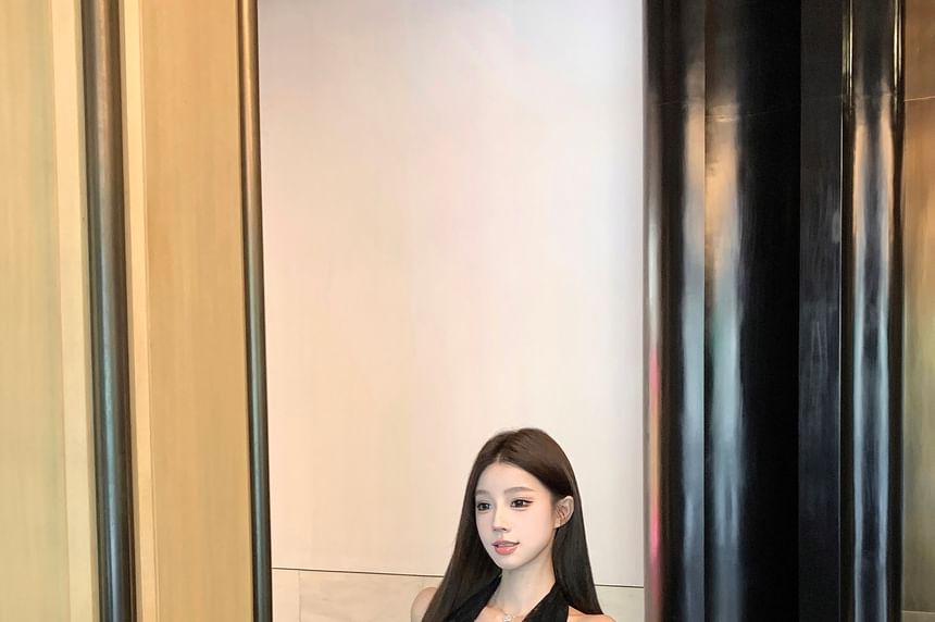 Midi Lace Top / Skirt Plain Crop Halter-Neck Button-Up A-Line Waist Mid