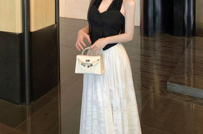 Midi Lace Top / Skirt Plain Crop Halter-Neck Button-Up A-Line Waist Mid