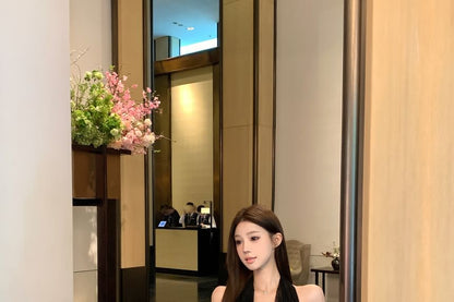 Midi Lace Top / Skirt Plain Crop Halter-Neck Button-Up A-Line Waist Mid