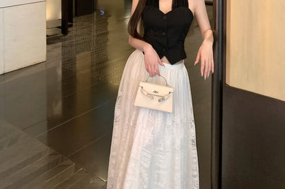 Midi Lace Top / Skirt Plain Crop Halter-Neck Button-Up A-Line Waist Mid