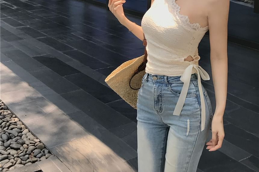 Crop One-Shoulder Lace Top