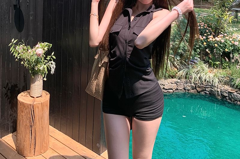 Halter-Neck Button-Up Shirt Striped Shirred