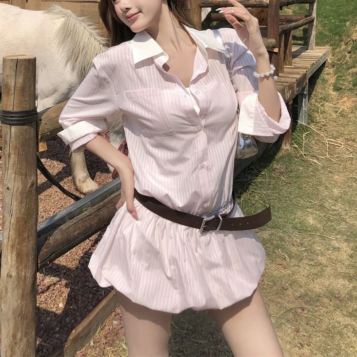 Belt Set: Long-Sleeve + Mini Striped Button-Up Shirtdress