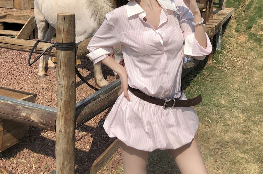 Belt Set: Long-Sleeve + Mini Striped Button-Up Shirtdress