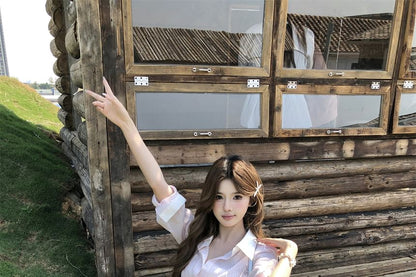 Belt Set: Long-Sleeve + Mini Striped Button-Up Shirtdress