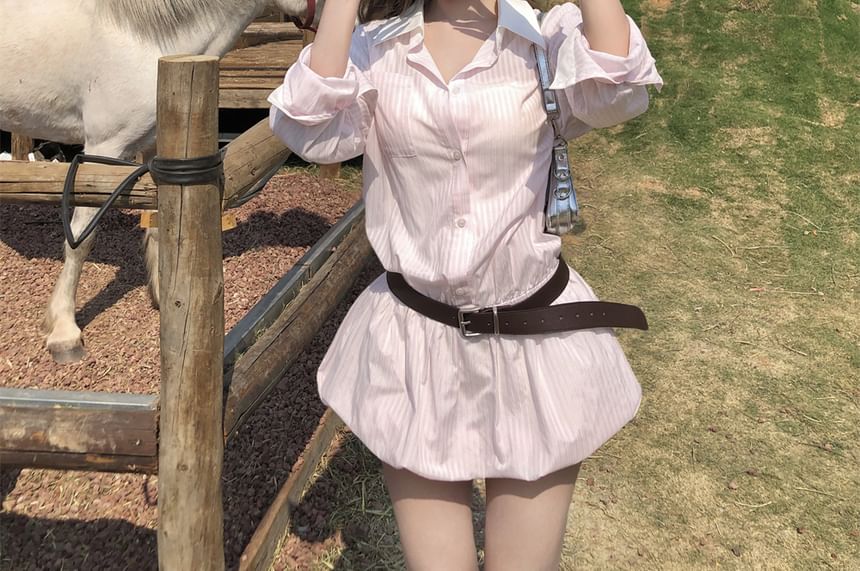 Belt Set: Long-Sleeve + Mini Striped Button-Up Shirtdress