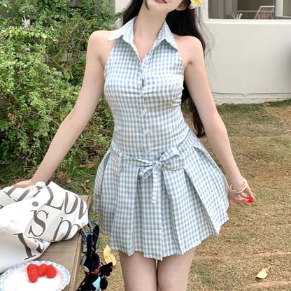 Dress Pleated Mini Button-Up Gingham Halter-Neck A-Line