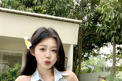 Dress Pleated Mini Button-Up Gingham Halter-Neck A-Line