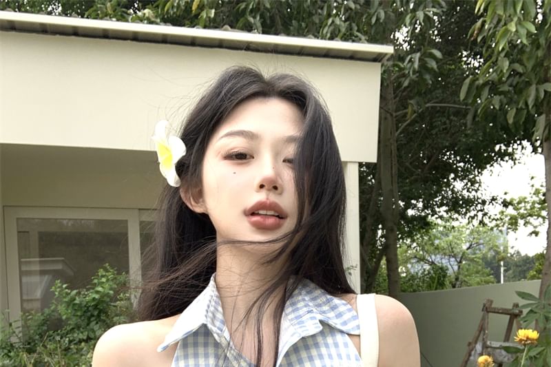 Dress Pleated Mini Button-Up Gingham Halter-Neck A-Line