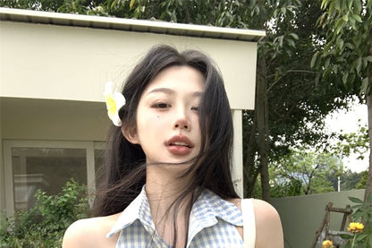 Dress Pleated Mini Button-Up Gingham Halter-Neck A-Line