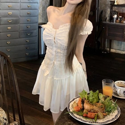 Blouse Shirred Plain Mini A-Line Off-Shoulder Ruffled Skirt / Rise High