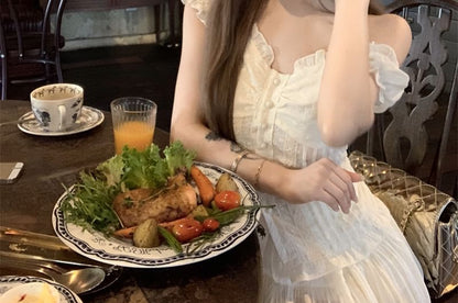 Blouse Shirred Plain Mini A-Line Off-Shoulder Ruffled Skirt / Rise High