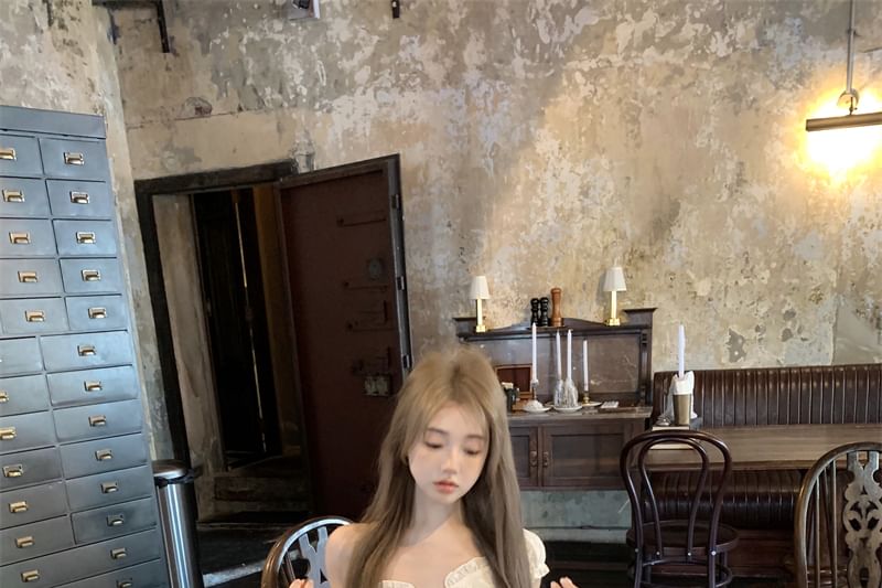 Blouse Shirred Plain Mini A-Line Off-Shoulder Ruffled Skirt / Rise High