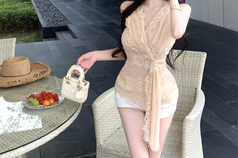 Top Lace Sleeveless Wrap V-Neck