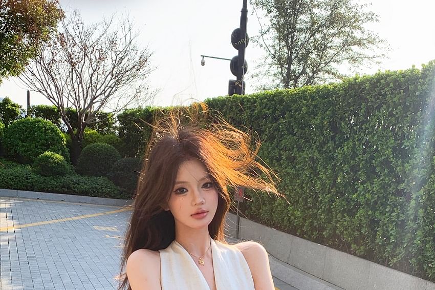 / Plain Belt Dress Faux Midi Leather Halter-Neck A-Line