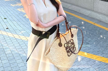 / Plain Belt Dress Faux Midi Leather Halter-Neck A-Line