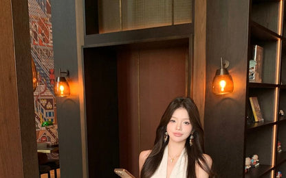 / Plain Belt Dress Faux Midi Leather Halter-Neck A-Line