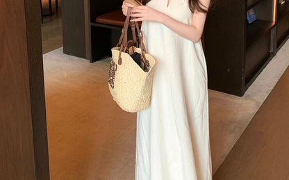 / Plain Belt Dress Faux Midi Leather Halter-Neck A-Line