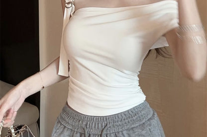 Plain Asymmetrical Buckled Crop One-Shoulder Top