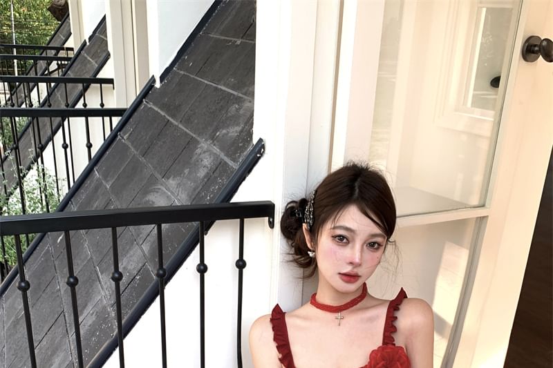 Mini Cami High Floral Ruffled Pencil Asymmetrical / Waist Top Skirt