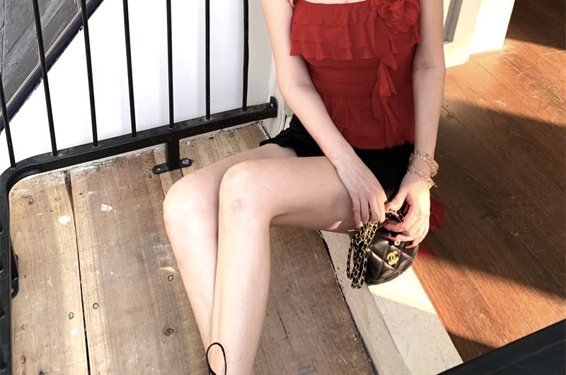 Mini Cami High Floral Ruffled Pencil Asymmetrical / Waist Top Skirt