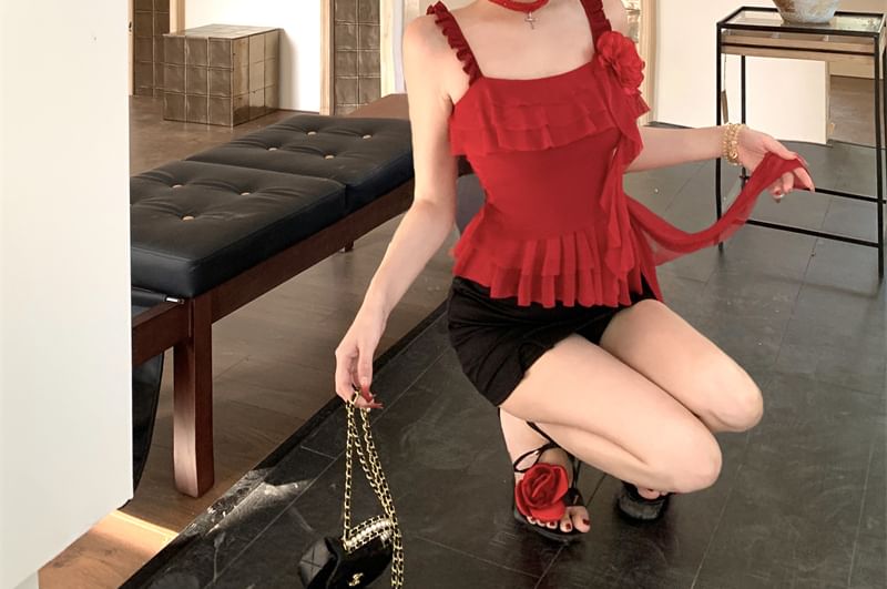 Mini Cami High Floral Ruffled Pencil Asymmetrical / Waist Top Skirt