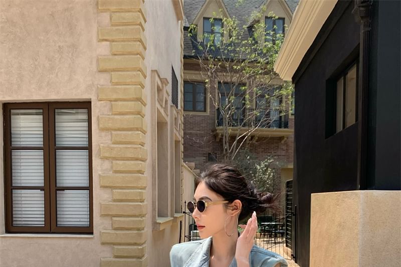 Vest High Washed A-Line Lace Layered Button-Up / Midi Skirt Denim Rise