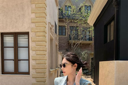 Vest High Washed A-Line Lace Layered Button-Up / Midi Skirt Denim Rise