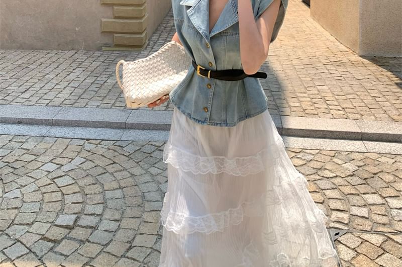 Vest High Washed A-Line Lace Layered Button-Up / Midi Skirt Denim Rise