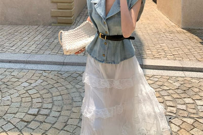 Vest High Washed A-Line Lace Layered Button-Up / Midi Skirt Denim Rise