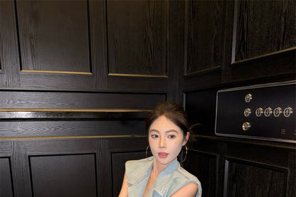 Vest High Washed A-Line Lace Layered Button-Up / Midi Skirt Denim Rise