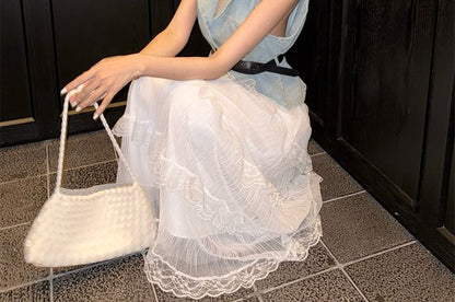 Vest High Washed A-Line Lace Layered Button-Up / Midi Skirt Denim Rise