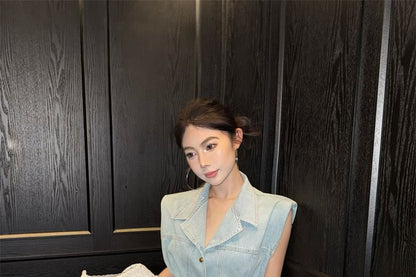 Vest High Washed A-Line Lace Layered Button-Up / Midi Skirt Denim Rise