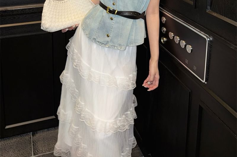 Vest High Washed A-Line Lace Layered Button-Up / Midi Skirt Denim Rise