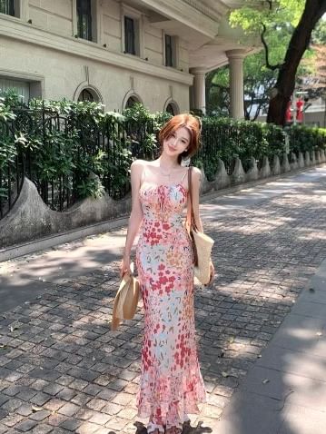 Mermaid Print Midi Floral Dress Strap Spaghetti