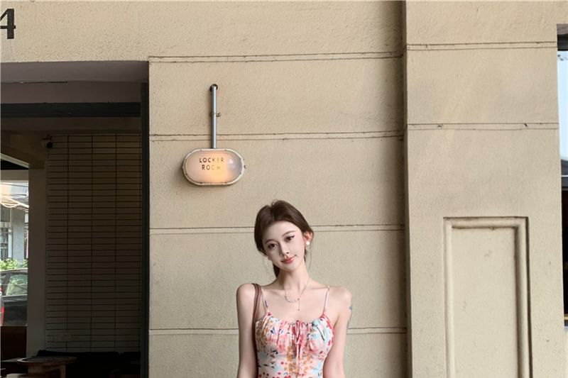 Mermaid Print Midi Floral Dress Strap Spaghetti