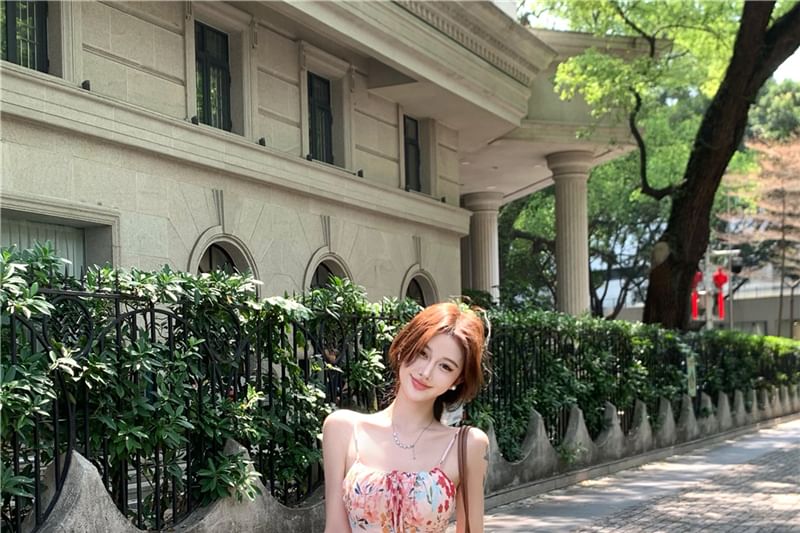 Mermaid Print Midi Floral Dress Strap Spaghetti