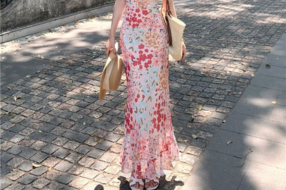 Mermaid Print Midi Floral Dress Strap Spaghetti