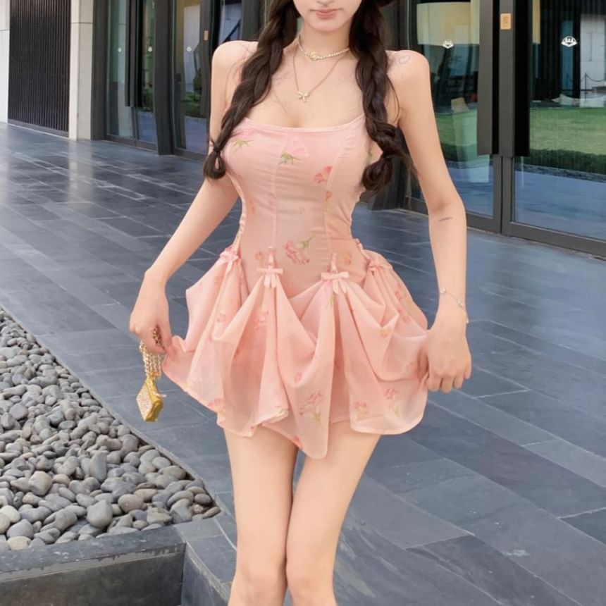 Print Spaghetti Floral Dress Mini A-Line Strap Shirred