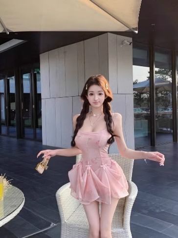 Print Spaghetti Floral Dress Mini A-Line Strap Shirred